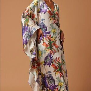 Floral Silk-Look V-Neck Caftan – Multicolor